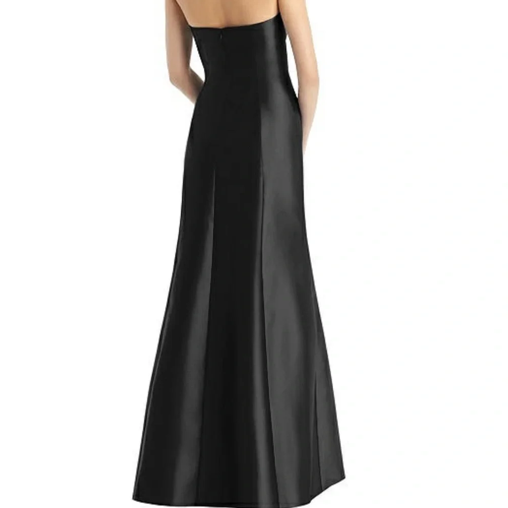 ALFRED SUNG Black Strapless Satin Maxi Gown with High Front Slit - Picture 2 of 4